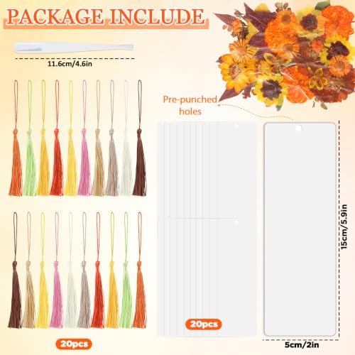 20 Sets Dried Flower Bookmark Making Kit Transparent Bookmark DIY Projects Craft Gift Bulk PET Sticker with Color Tassels and Tweezer for Classroom Activities Reading Award and Book Lovers (Autumn) - Image 2