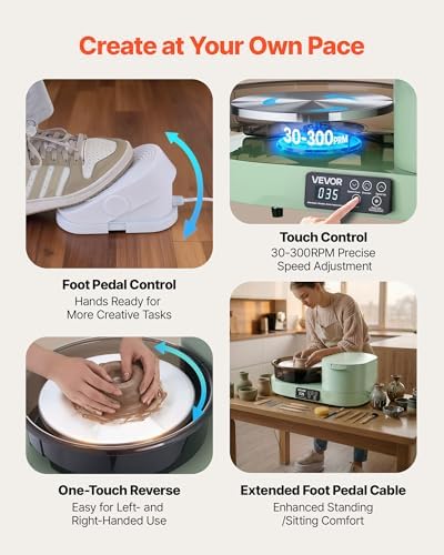 VEVOR Pottery Wheel for Adults, 11" Aluminum Turntable, 450W Electric Table Top Pottery Wheel with Foot Pedal, 30-300 RPM Adjustable Speed, Aluminum Body, for Beginners, DIY Clay Art Craft, Green - Image 5