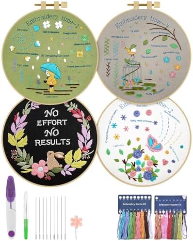 ERKOON 4 Pack Beginner Embroidery Kits for Adults DIY Starter Kit with 33 Stitch Techniques, Stamped Patterns, Embroidery Hoop, Colorful Threads, Tools, Step by Step Instructions & Video Tutorial by ERKOON