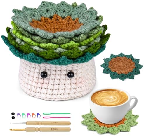 FTEVEN Crochet Kit for Beginners, 6PCS Coasters Crochet Starter Kit Plant by FTEVEN