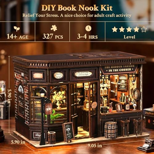 Book Nook Kit DIY Tavern 3D Puzzle Wooden Dollhouse with LED Lights - Image 2