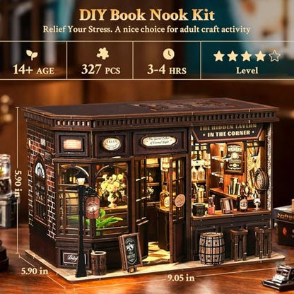 Book Nook Kit DIY Tavern 3D Puzzle Wooden Dollhouse with LED Lights - Image 2