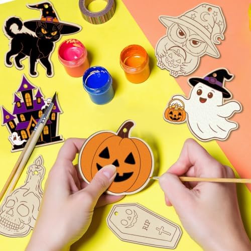 80PCS Wooden Halloween Ornaments to Paint Fall Decorations Crafts for Kids, 10 Styles DIY Blank Autumn Unfinished Skull Pumpkin Ghost Bat Boo Witch Feet Spiderweb Halloween Cutouts for Party Hanging - Image 2