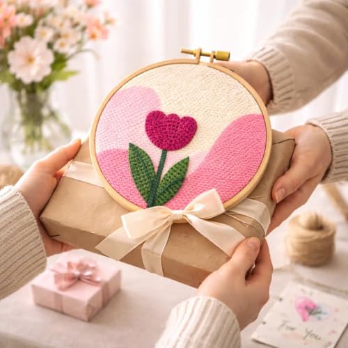 CELCRAFTIQUE Punch Needle Kits for Adults Beginner, Tool with Punch Needle Fabric, Hoops, Yarns and Sewing Needles (Blush Tulip) - Image 3