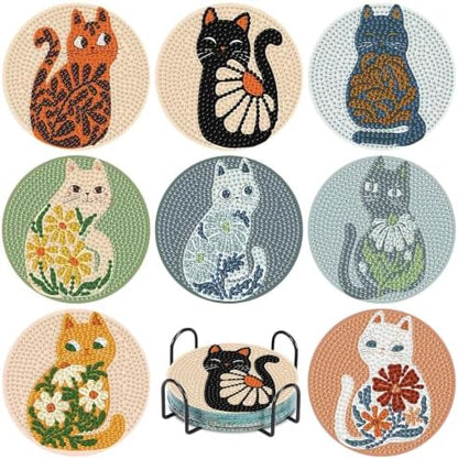 8 Pcs Cat Diamond Art Coasters Kit, Flower Diamond Painting Coasters with Holder, 5D Gem Art Coaster, DIY Crafts Diamond Dots for Gift Home Decor by hkejoi