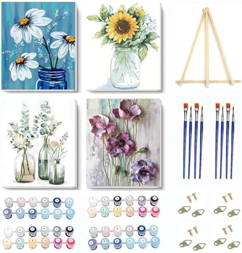 4 Pack paint by numbers kit for adults Framed Canvas with Wooden Easel by VIGEGU