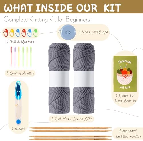 Maasechs Knitting Kits for Beginners Adults Complete Hat Knit Set with Yarn Bamboo Needles Starter Crochet Kit with Full Knitting Crochet Accessories for Women and Men(Gray) - Image 2