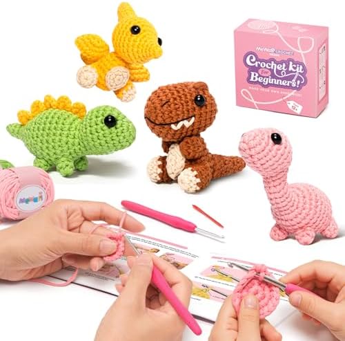 Mewaii Crochet Kit for Beginners, 4 Pack Dinosaur Set Craft Set by Mewaii