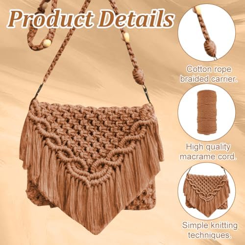 INFUNLY DIY Macrame Bag Kit for Adults Beginners Macrame Handmade Woven Bags with Tassels Bohemian Knotting Handbag Macrame Kit Crochet Bag Kit with Video Instruction for Women Holiday Beach Decor - Image 3