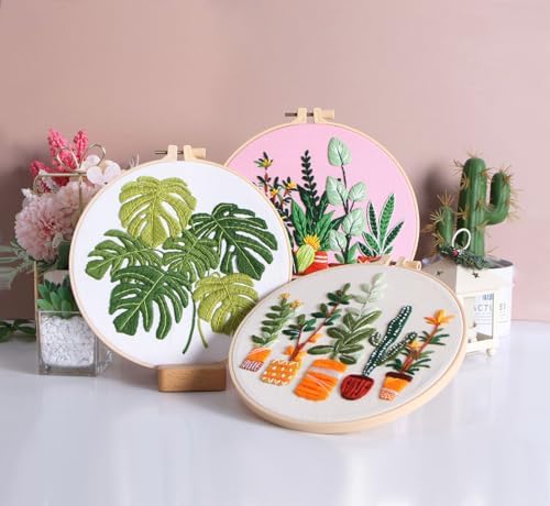 Konrisa Embroidery Kits for Adults Beginner, European Style Garden Plant Green Leaf Stamped Embroidery Starter Kit,DIY Sewing Practice, Needlepoint Cross Stitch Kit,Set of 3 - Image 6