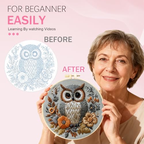 Huacan Embroidery Kit for Beginners Adults Includes Stamped Owl Pattern, Hoop, Color Threads,Tools,Easy to Follow Instruction - Image 3