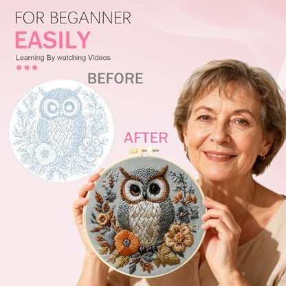 Huacan Embroidery Kit for Beginners Adults Includes Stamped Owl Pattern, Hoop, Color Threads,Tools,Easy to Follow Instruction - Image 3