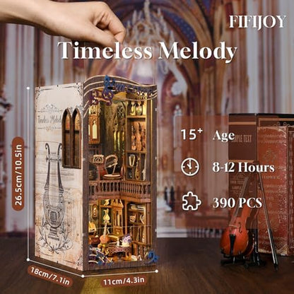 fifijoy Book Nook Kit - Timeless Melody DIY Miniature House Kit, 3D Wooden Puzzle Bookend Bookshelf with LED Light for Adults (Timeless Melody) - Image 3