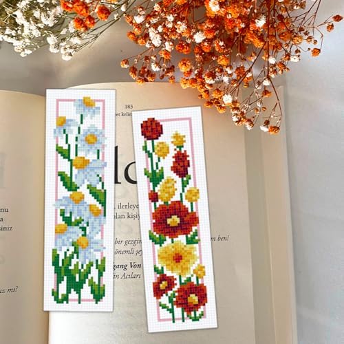 BEUNITONE 6 Set Floral Bookmark Cross Stitch Kits for Beginners with Instructions Floral Bookmarks Cross-Stitch Kit Stamped Embroidery Bookmark DIY Crafts Book Marker for Book Lovers 8''x2.4'' 11CT - Image 6