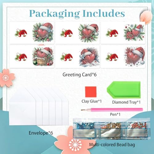 antor 6 Pack 5D Christmas Diamond Painting Cards, Heart Design with Santa Hat DIY Diamond Art Cards with Envelopes, Handmade Rhinestone Valentine’s Day Greeting Card Set for Adults - Image 3