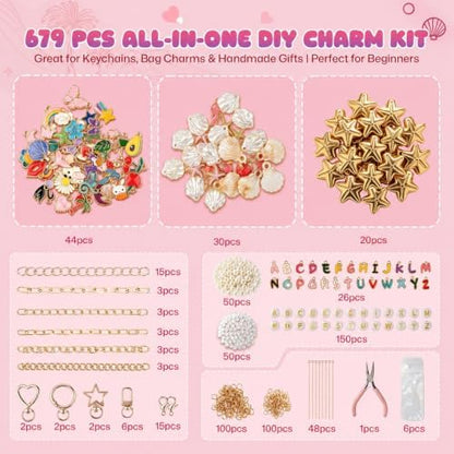 Fcoget 679 Pcs Keychain Making Kit, DIY Craft Bag Charms Supplie kit - Image 7