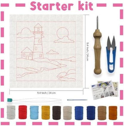 INFUNLY 2PCS Sea Lighthouse Punch Needle Embroidery Kit for Beginners Beacon DIY Punch Needle Starter Kit Lighthouse Handcraft Hooking Set with Pattern Instruction for Festival Gift Home Decor - Image 2