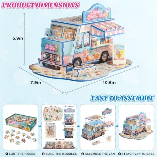 3D Puzzle for Adults, Ice Cream Van Miniature Model Kit with 277 Pieces, DIY Building Craft Kit, Colorful Summer Beach Decoration Display, Home Decor Gift for Teens Family & Friends - Image 5