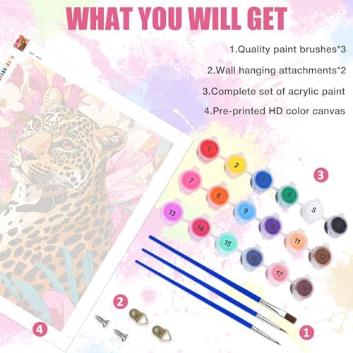 Lxmsja Leopard Paint by Numbers Kit for Adults, Pink Floral Acrylic Paint by Numbers for Adults Beginner, DIY Craft Supplies Oil Painting Kits for Home Wall Decor 16x20 inch (No Frame) - Image 5