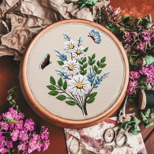 FONNUY Embroidery Kit for Beginners，Plants Flowers Pre-Stamped Pattern Kits for Adults with Hoop, Easy to Follow Needlework (Butterfly Flower) - Image 3