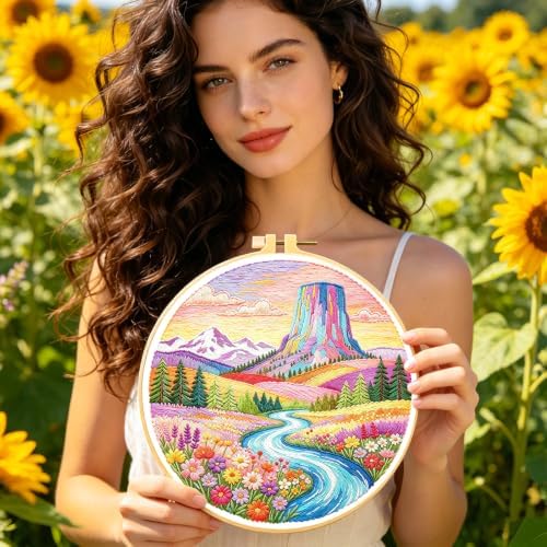 BEUNITONE 4 Set Embroidery Kits for Beginners, Pink Scenery Design with Pre-Stamped Pattern Craft Kits Include Instruction and Hoops, 7.9"x7.9" Needlepoint Kits for Festival Gifts and Home Decor - Image 5