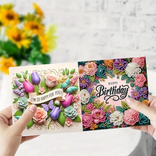 jinglinhh 6pcs Happy Birthday Rose Flowers Purple Bow Diamond Art Painting Greeting Cards with Envelopes, DIY Card Making Kits for Adults, Diamond Art Postcards Christmas Cards Craft Gifts - Image 5