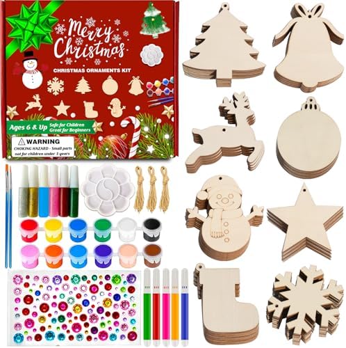 Christmas Ornaments Craft Kit, 48 Pcs Blank Wood Slices for Painting with Paint Pens and Brushes, DIY Wooden Christmas Ornament Set for Tree Decorations, Family Holiday Activities and Gifts by Unknown