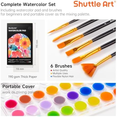 Shuttle Art 43 Pack Watercolor Paint Set, 36 Colors Watercolor Paint Pan Set with 6 Brushes and 1 Watercolor Pad for Beginners, Artists, Kids & Adults Watercolor Painting, Bullet Journal, Calligraphy - Image 3