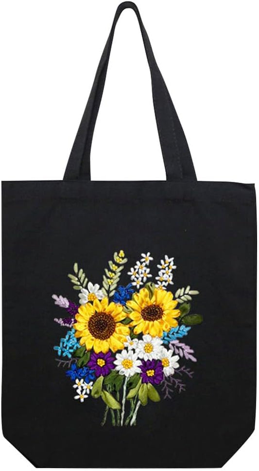 KABAKE Canvas Tote Bag Embroidery Silk Ribbon Kit for Beginners, Arts and DIY Crafts Starter Kit, Includes Stamped Bag, Threads, Tools (Black with Sunflower)