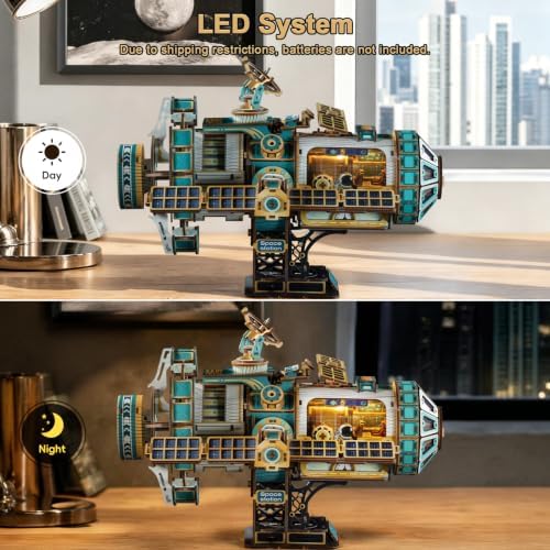 Mechanical 3D Wooden Puzzles for Adults, Space Station DIY Rotating Miniature House Kit with LED Lights & Music, 511PCS DIY Moving Building Model Craft Kit, Creative Home Decor Birthday Gift - Image 5