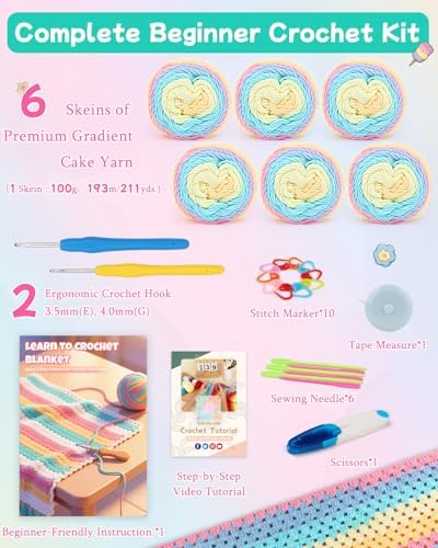 Aeelike Crochet Blanket Kit for Beginners,Rainbow Granny Square,Easy Start - Image 2
