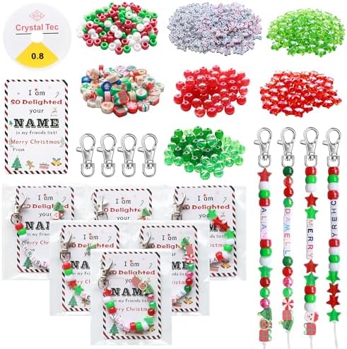 Tuhangcc 823 Pcs DIY Keychain Making Kit，Adjustable Letter Alphabet Beads Strings,Keychain Christmas Colors Pony Beads, 16 Charm Cards with Lobster Clasps & Strings for Christmas Favors by Tuhangcc