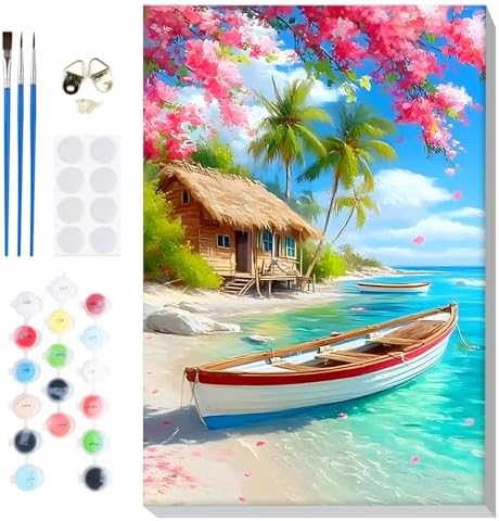 Bowetile Framed Landscape Paint by Numbers Kit for Adults, Adults' Paint-by-Number Kits on Canvas, Painting by Numbers Seaside, Acrylic Boat Number Painting for Home Wall Decor, 8x12in by BOWETILE