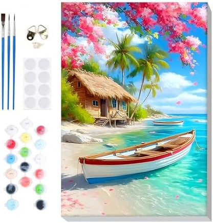 Bowetile Framed Landscape Paint by Numbers Kit for Adults, Adults' Paint-by-Number Kits on Canvas, Painting by Numbers Seaside, Acrylic Boat Number Painting for Home Wall Decor, 8x12in by BOWETILE