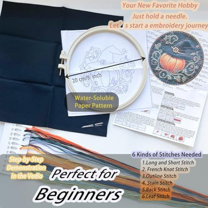 FONNUY Pumpkin Embroidery Kit for Beginners, Pre-Stamped Pattern Kits for Adults with Hoop, Easy to Follow Color Thread Needlework, 8'' Hoop (Witch Hat 4) - Image 6