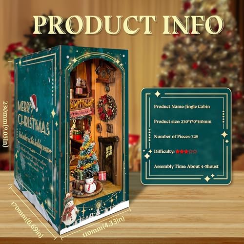 Christmas Book Nook Kit with LED Light - DIY 3D Puzzles Miniature House Kit Rotating Decorative Dollhouse Book Nooks for Adults Teens Gift - Jingle Cabin (SQ-34) - Image 5