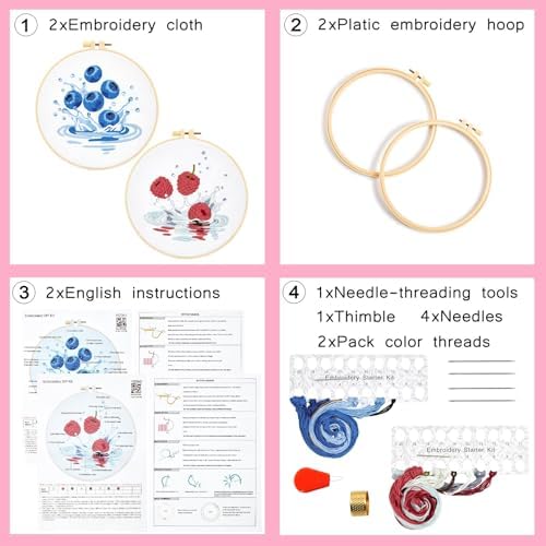 Armindou 2Set Embroidery Kits with Fruit Pattern for Beginners Adults, Hand Embroidery Needlepoint DIY Kits, Stamped Cross Stitch Kits for Beginners Adult, 2 Embroidery Hoops (Attached Video Tutorial) - Image 7