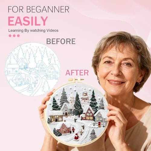 Huacan Embroidery Kit for Beginners Adults, Easy Needlepoint Kits for Adults with Stamped Embroidery Patterns. (Village) - Image 6