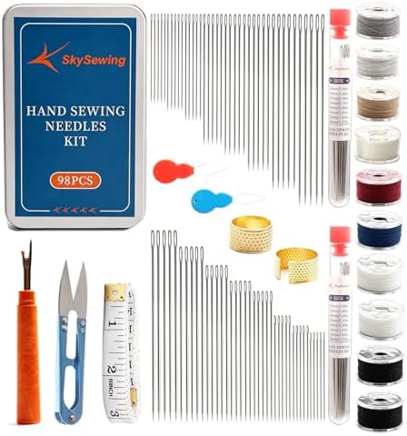 SkySewing 98PCS Large Eye Hand Sewing Needles Kit with Metal Box, Mini Sewing Kit with Threaders, Thimbles, Seam Ripper, Portable Sewing Repair Kit for Adults Beginner Travel Clothing Repair Home Use - Image 2
