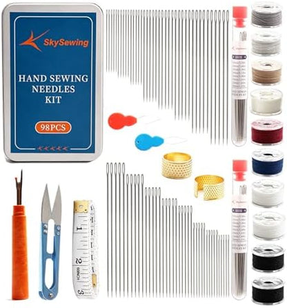 SkySewing 98PCS Large Eye Hand Sewing Needles Kit with Metal Box, Mini Sewing Kit with Threaders, Thimbles, Seam Ripper, Portable Sewing Repair Kit for Adults Beginner Travel Clothing Repair Home Use - Image 2