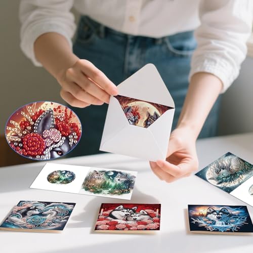 MVVMTOP 6pcs Diamond Painting Greeting Card with envelopes, DIY Wolf Diamond Art Greeting Card for Blessing and Wish Special Shaped Arts Crafts for Christmas Birthday Thanksgiving Day Holiday - Image 7