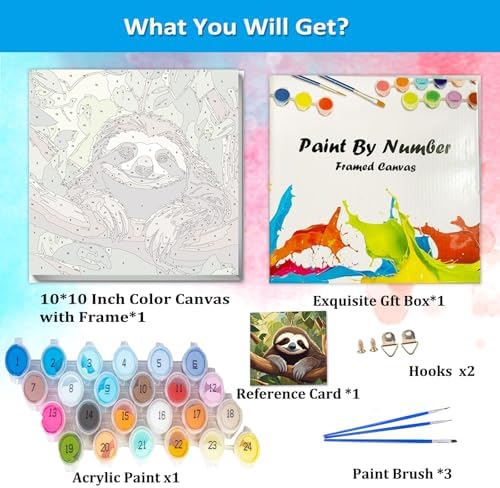 Artunion Framed Paint by Numbers Kit for Adults Beginners & Kids Ages 8-12,Cute Sloth Paint by Number with Frame,Animal Paint by Numbers Kit on Canvas 10 * 10 Inch Without Easel - Image 4