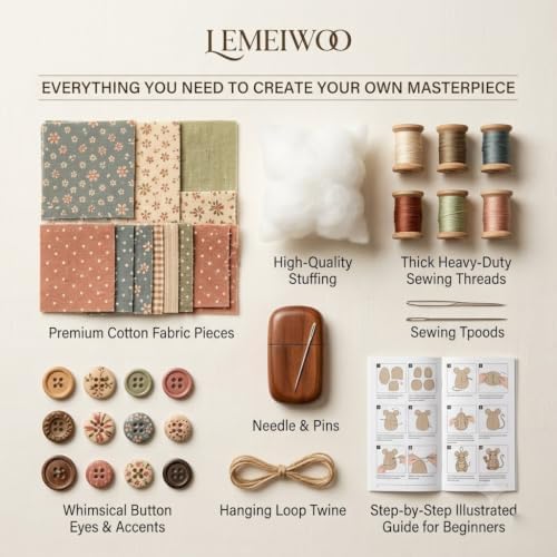Lemeiwoo Patchwork Mouse DIY Kit, Handmade Sewing Craft Kit for Adults, Vintage Cottagecore Animal Quilting Project, Complete Fabric Mouse Making Set for Beginners, Hobbyists & Craft Lovers Gift (C) - Image 7