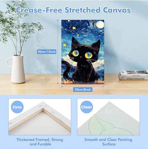 Bowetile Starry Night Cat Paint by Numbers for Adults Beginners Framed, Easy Adults' Paint-by-Number Kits, Adult Paint by Number Kits on Canvas, Acrylic Number Painting for Home Decor, 8x12in - Image 2