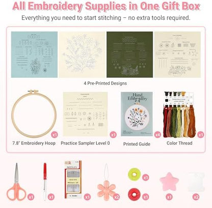 ZenHues Embroidery Kit for Beginners Adults with Level 0 Practice Sampler, 5 Pre-Printed Patterns & Video Tutorials with 7.8" Hoop, Learn 30+ Stitches, DIY Needlework Craft Gift for Women - Image 6