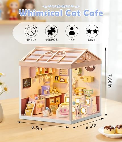 Cat Cafe DIY Miniature House Kit for Adults, 3D Dollhouse with LED Light & Dustproof Door, Stackable Connectable Display Case, Creative Gift for Coffee & Cat Lovers Teens Women - Image 2
