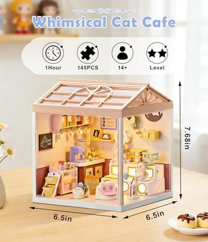 Cat Cafe DIY Miniature House Kit for Adults, 3D Dollhouse with LED Light & Dustproof Door, Stackable Connectable Display Case, Creative Gift for Coffee & Cat Lovers Teens Women - Image 2