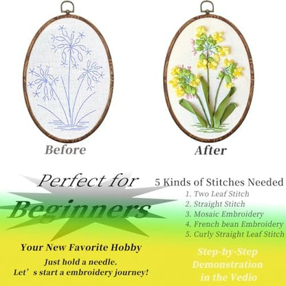 FONNUY Ribbon Embroidery 3D Flowers Pattern Design Kit Embroidery DIY Handwork Set Oval Home Decoration (Yellow Camellia) - Image 4
