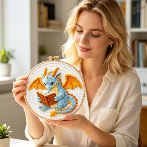 INFUNLY 4 Set Dragon Books Punch Needle Kit for Beginners Cute Wing Dragons Punch Needle Embroidery Starter Kit 8.7×8.7Inch DIY Needlepoint Set with Instruction for Festival Gift Home Decor - Image 7