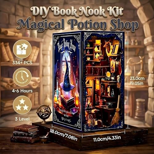 Book Nook Kit- DIY Miniature House Kit with LED Lights, 3D Wooden Puzzle Magic Potion Shop, Fantasy Wizard Alchemy Scene Bookshelf Insert Decor, Creative Handmade Gift - Image 2